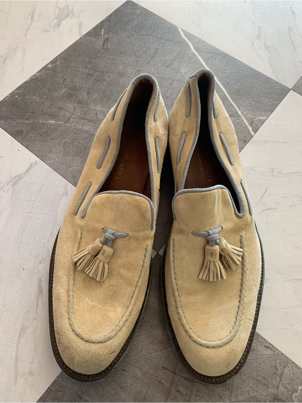 Donald J. Pliner Beige Suede Tassel Loafers with Gray Trim